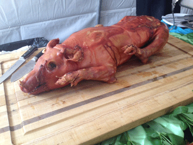 We prepare on site (or off site) whole pig roasts with theme side items